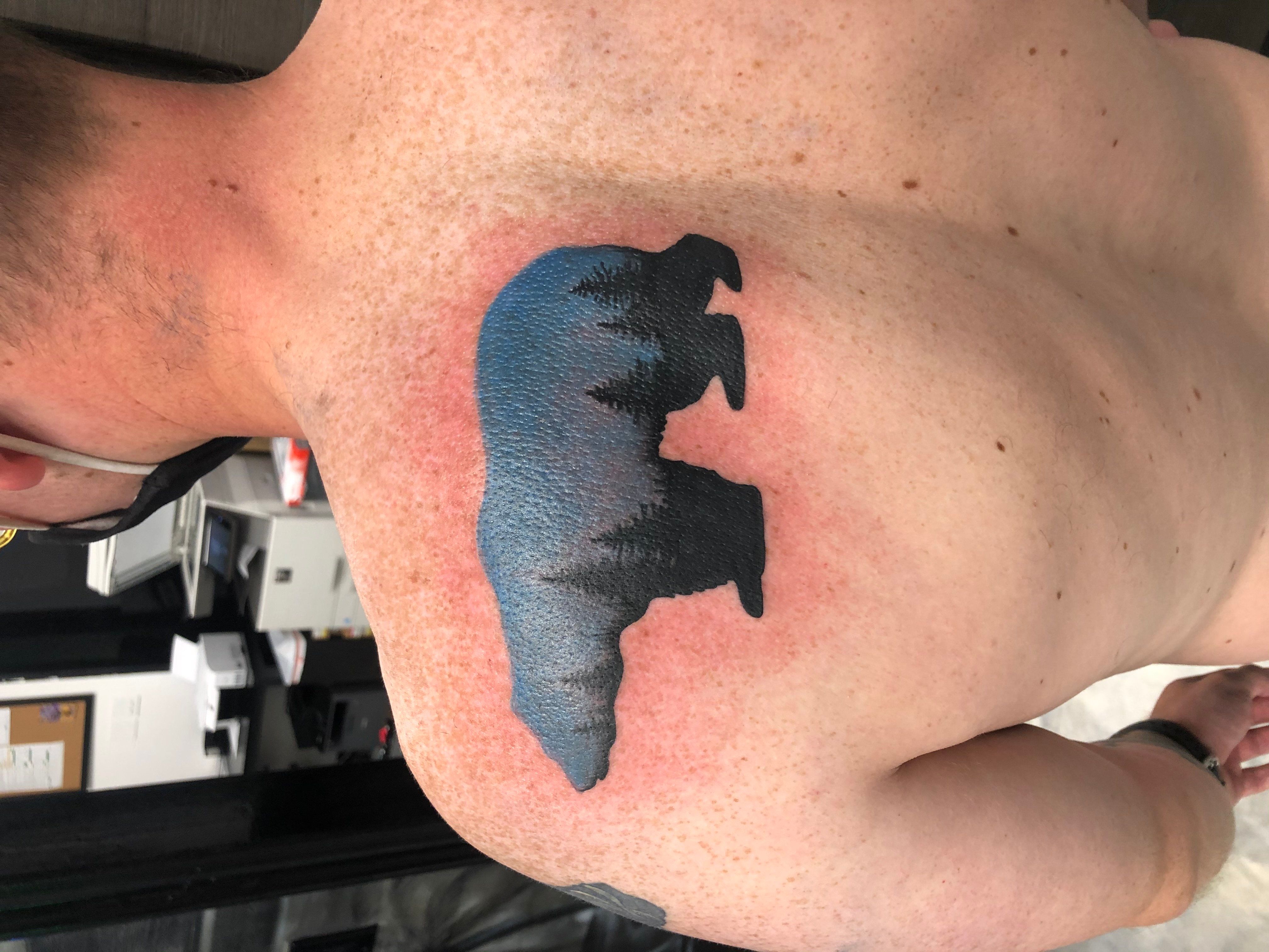 Double Exposure Bear Back Tattoo