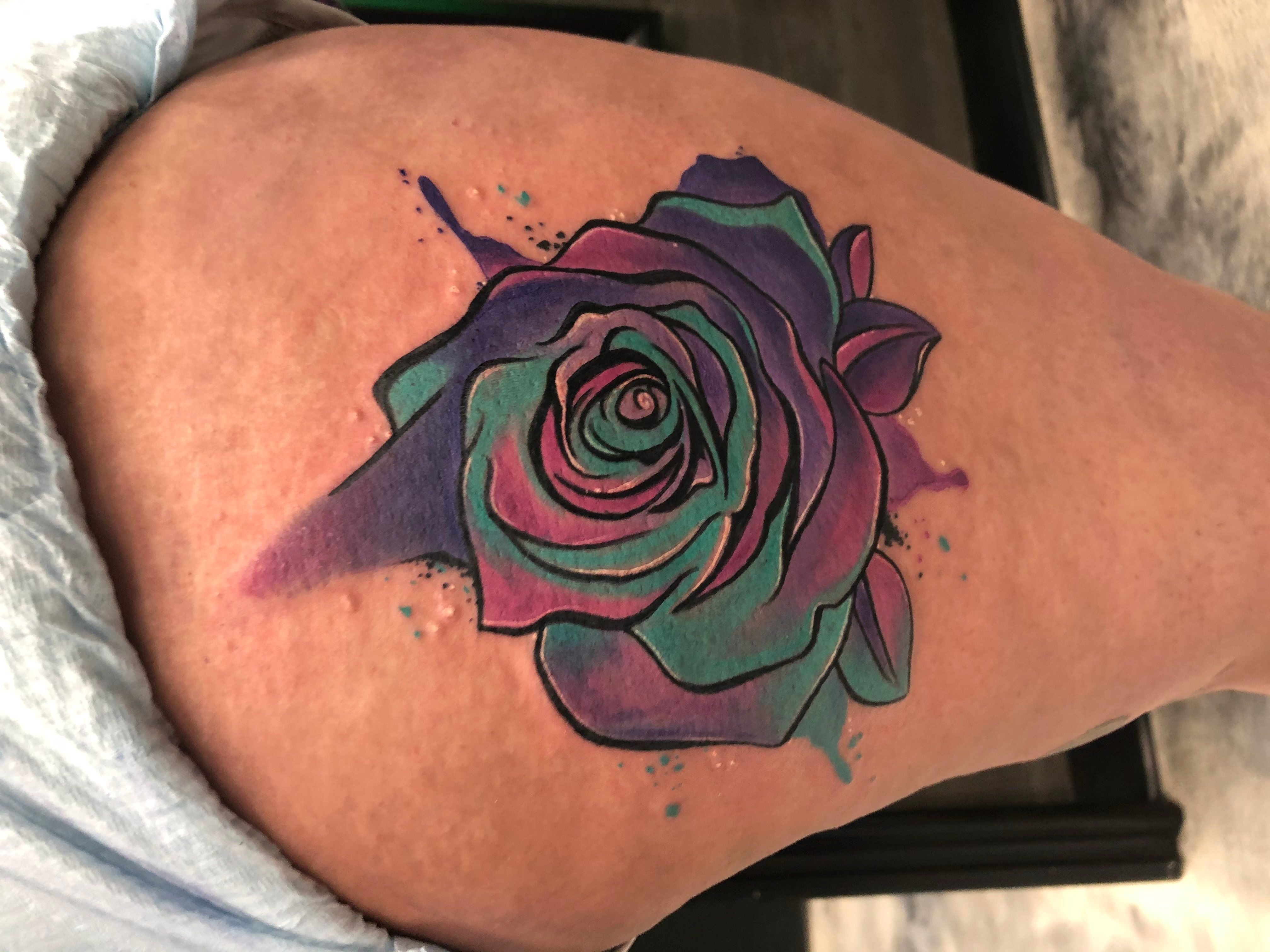 Colored Rose Leg Tattoo