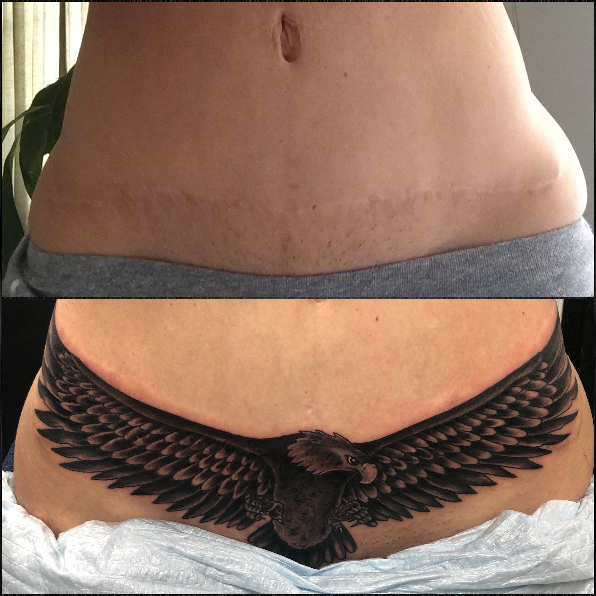 Large Eagle Wing Spread Waist Tattoo